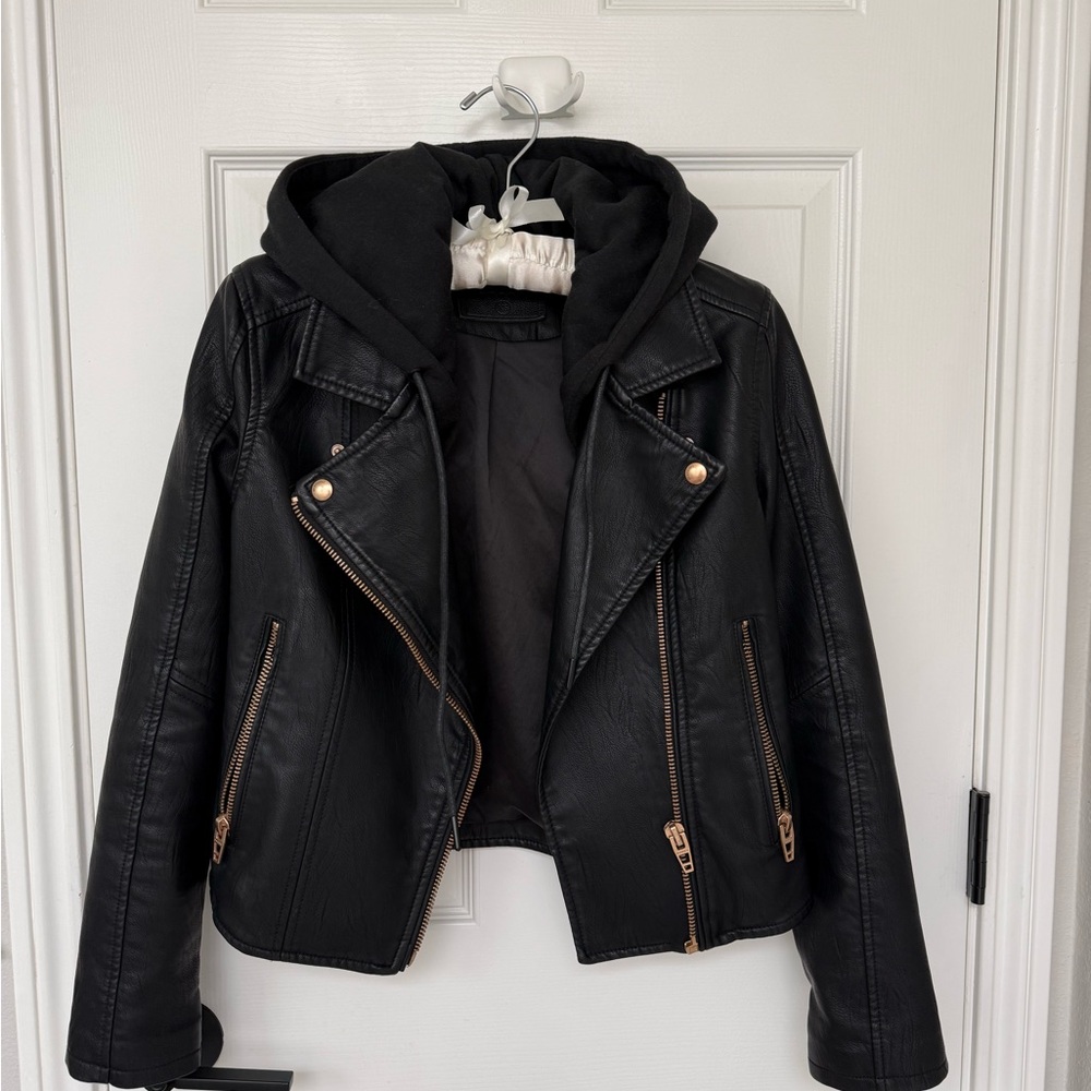 [SOLD on Mercari] Black Faux Leather Jacket with Removable Hood